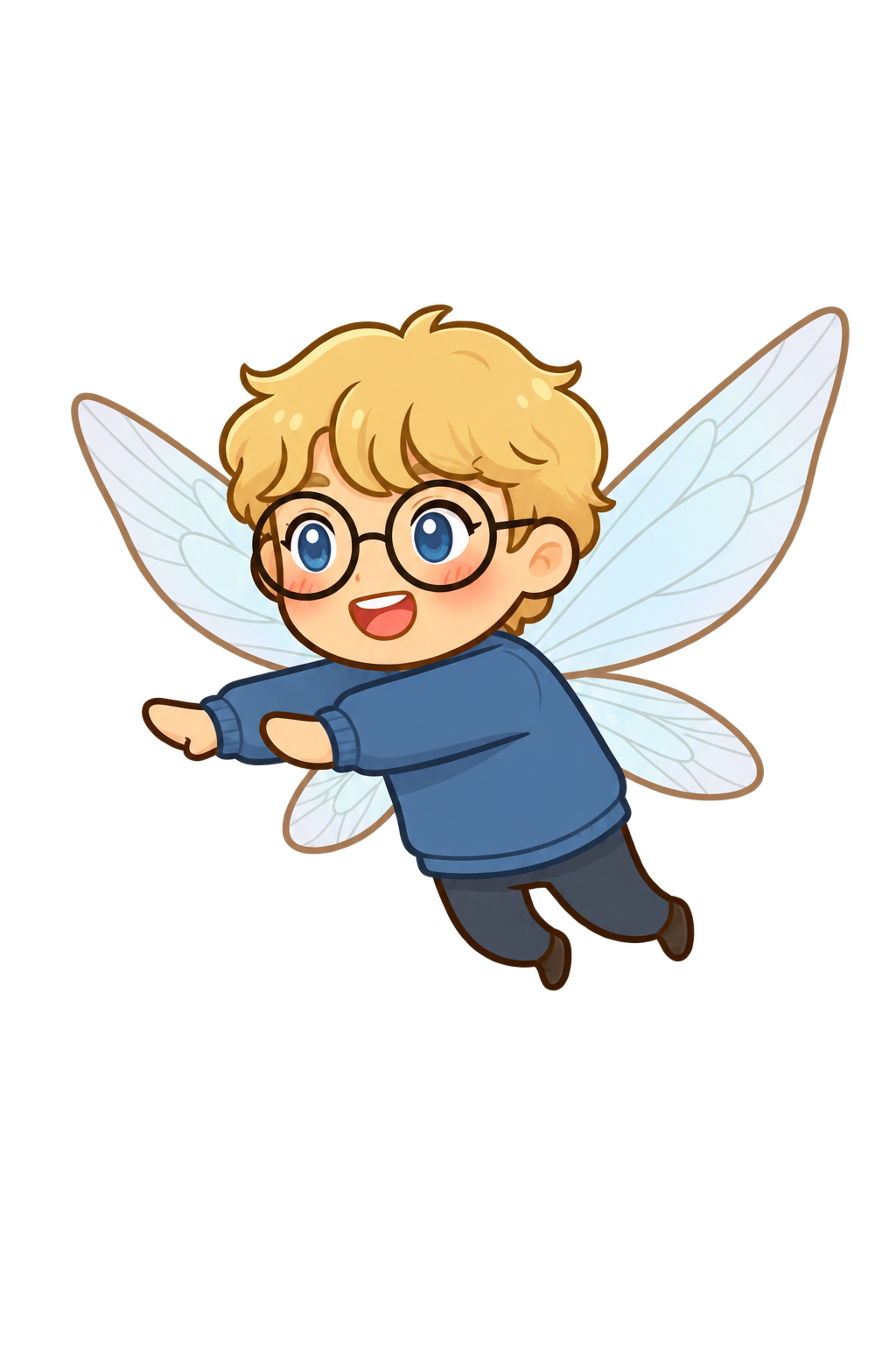 The fairy boy flies toward the cake