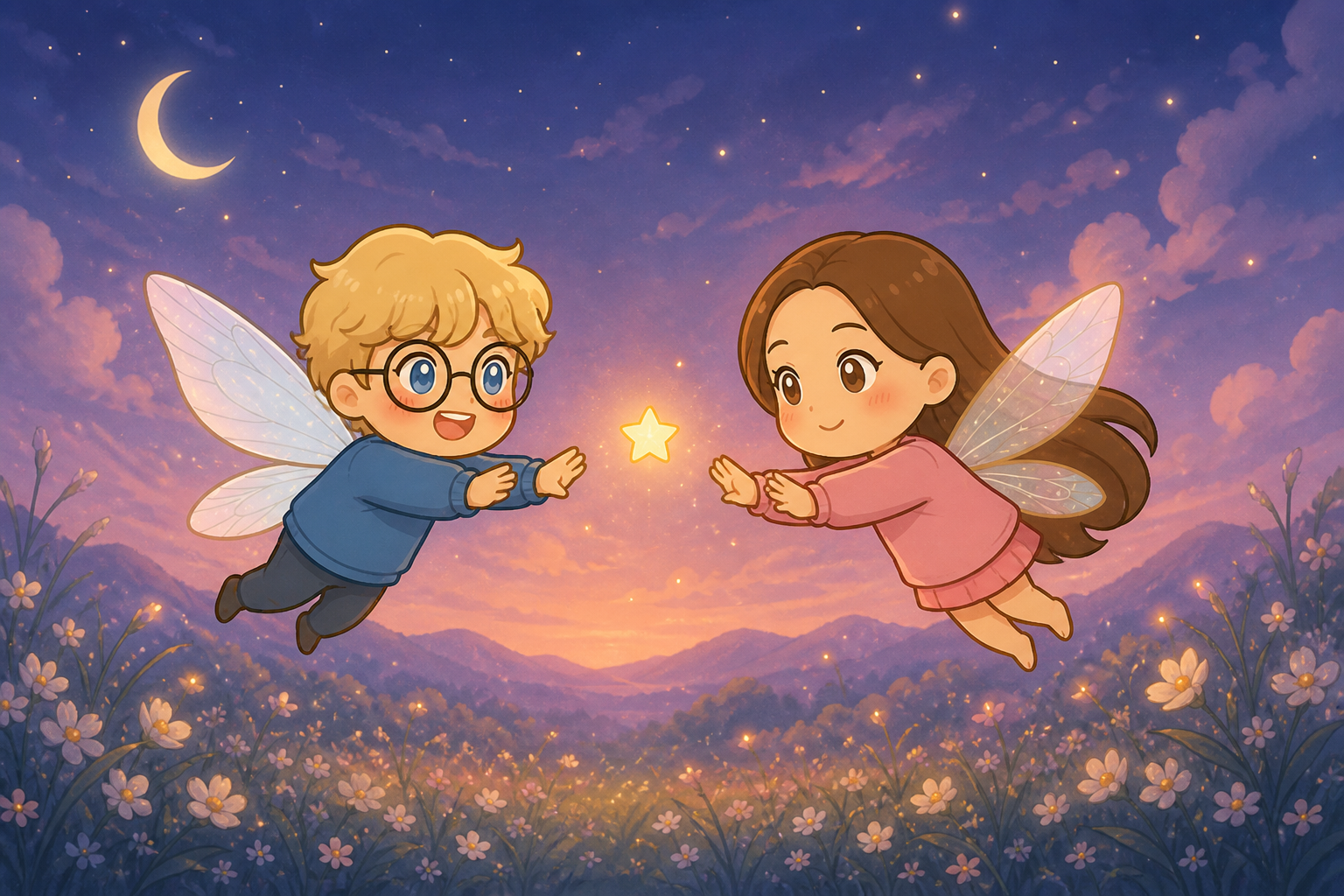 The two fairies meet around a star in a meadow at dusk