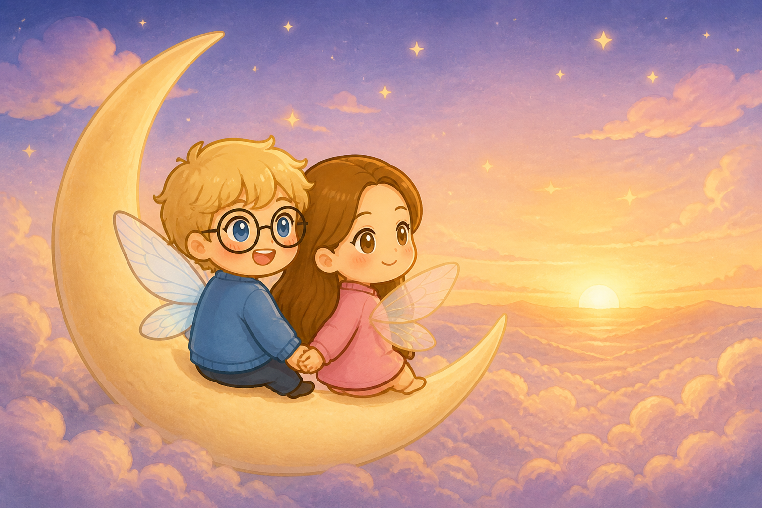 The two fairies hold hands on a crescent moon at sunrise